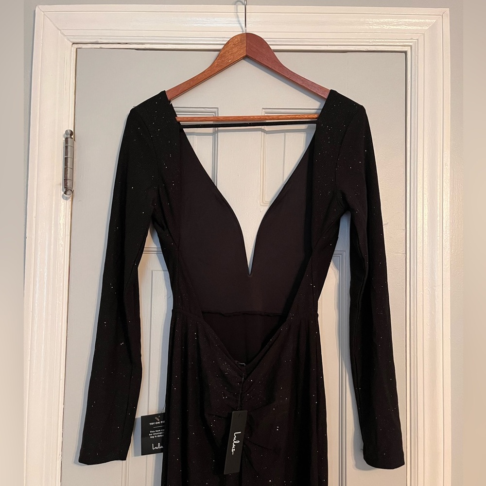 Lulus Glamorous In Glitter Black Long Sleeve Backless Gown - Size M - Picture 5 of 5
